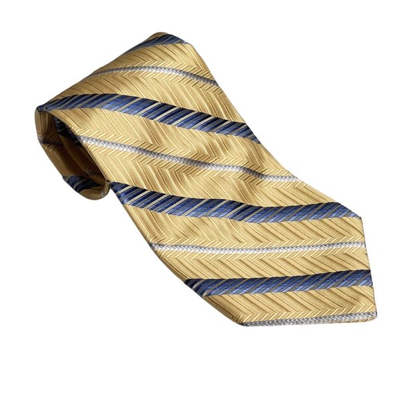 Burma Bibas Gold Blue Chevron Striped 100% Silk Neck Tie Office Work Church Even - Picture 1 of 10